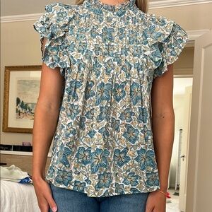 Oliphant Blue Flutter Sleeve Blouse with Ruffled Mandarin Collar